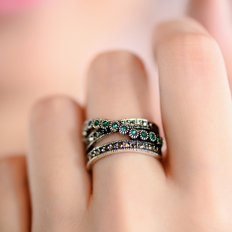 Handmade Vintage Green Crystal Layered Ring For Women